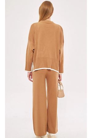 Kadın Etek Ucu Şeritli Triko İkili Takım -Camel
