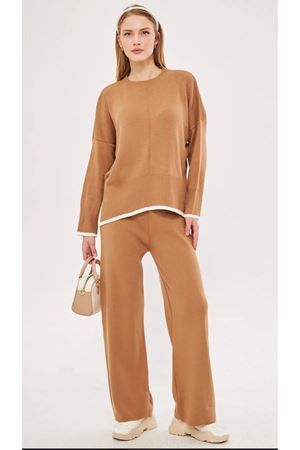 Kadın Etek Ucu Şeritli Triko İkili Takım -Camel