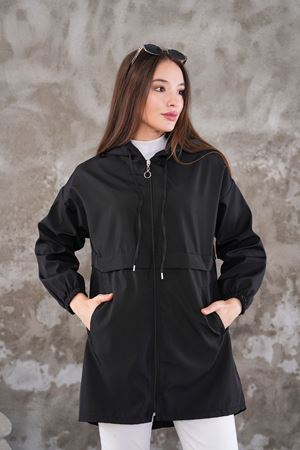 Kadın Fermuarlı Yağmurluk Kap - Siyah
