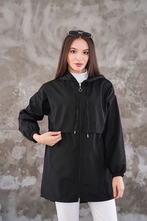Kadın Fermuarlı Yağmurluk Kap - Siyah