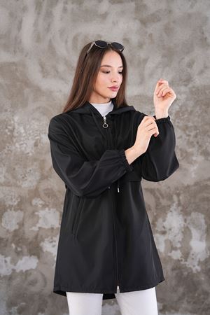Kadın Fermuarlı Yağmurluk Kap - Siyah