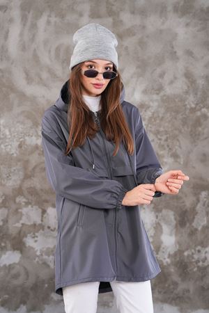 Kadın Fermuarlı Yağmurluk Kap - Gri
