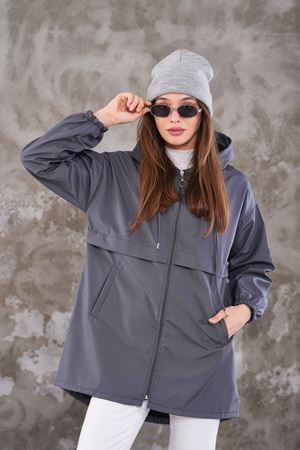 Kadın Fermuarlı Yağmurluk Kap - Gri