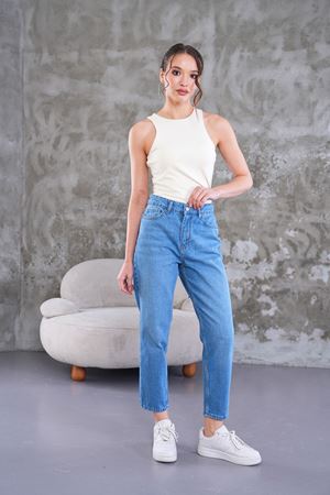 Yüksek bel mom fit jean pantolon - Açık yıkama