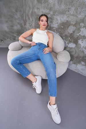 Yüksek bel mom fit jean pantolon - Açık yıkama