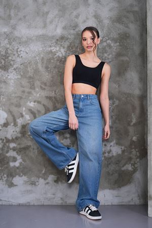 Yüksek bel mom fit jean pantolon - Soluk yıkama