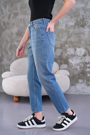 Yüksek bel mom fit jean pantolon - Soluk yıkama