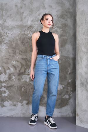 Yüksek bel mom fit jean pantolon - Soluk yıkama