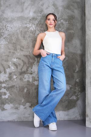Palazzo geniş paça yüksel bel jean - Açık yıkama