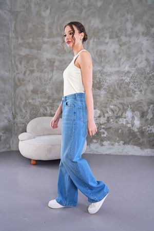 Palazzo geniş paça yüksel bel jean - Açık yıkama