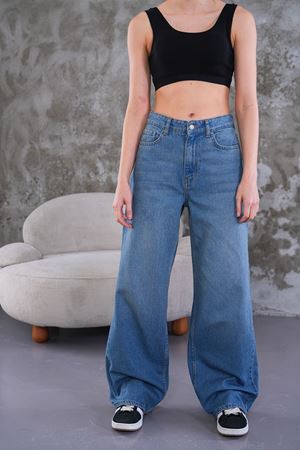 Palazzo geniş paça yüksel bel jean - Soluk yıkama