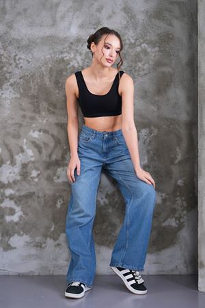 Palazzo geniş paça yüksel bel jean - Soluk yıkama