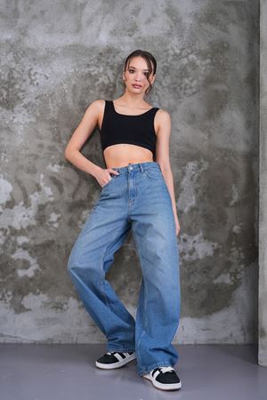 Palazzo geniş paça yüksel bel jean - Soluk yıkama