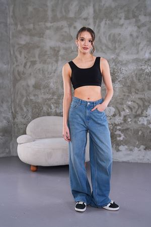 Palazzo geniş paça yüksel bel jean - Soluk yıkama