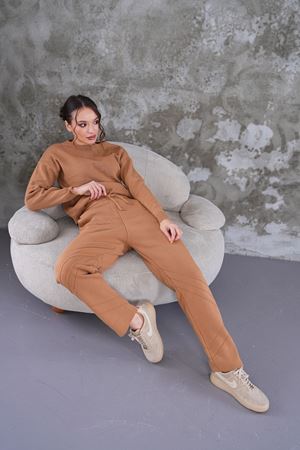 Beli bağcıklı triko takım-camel