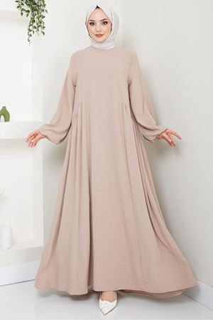 Sufle Ayrobin Tesettür Elbise -Bej