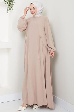 Sufle Ayrobin Tesettür Elbise -Bej