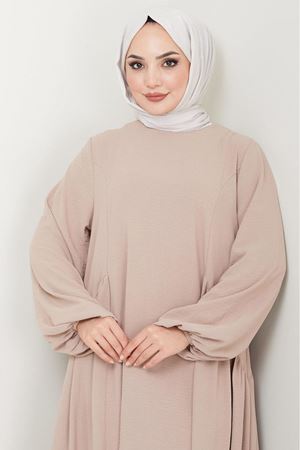 Sufle Ayrobin Tesettür Elbise -Bej