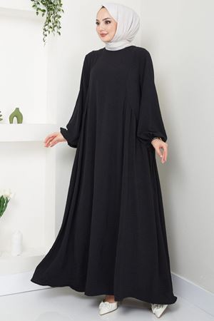 Sufle Ayrobin Tesettür Elbise -Siyah