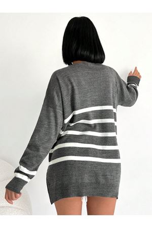 Kadın V Yaka Çizgili yanı yırtmaclı Kazak - Gri