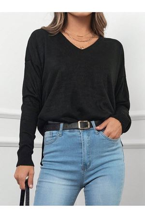 Kadın V Yaka  yanı yırtmaclı Kazak - Siyah