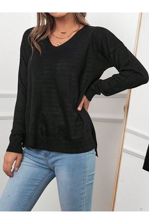 Kadın V Yaka  yanı yırtmaclı Kazak - Siyah