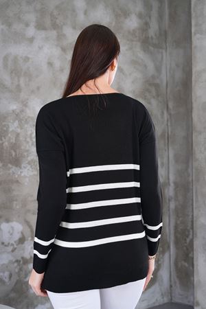 Kadın V Yaka Cizgili yanı yırtmaclı önu kısa arkası uzun triko Kazak -Siyah