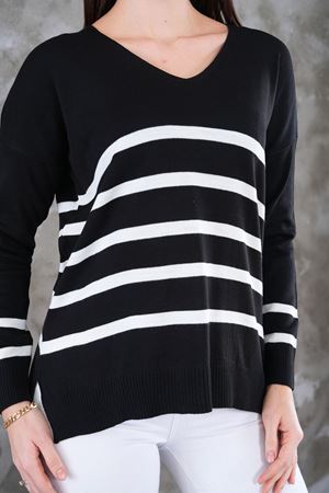 Kadın V Yaka Cizgili yanı yırtmaclı önu kısa arkası uzun triko Kazak -Siyah