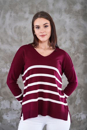 Kadın V Yaka Cizgili yanı yırtmaclı önu kısa arkası uzun triko Kazak -Bordo