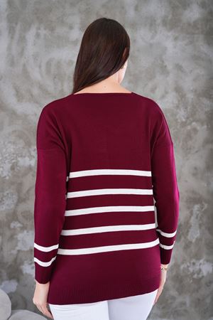 Kadın V Yaka Cizgili yanı yırtmaclı önu kısa arkası uzun triko Kazak -Bordo