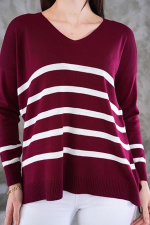 Kadın V Yaka Cizgili yanı yırtmaclı önu kısa arkası uzun triko Kazak -Bordo