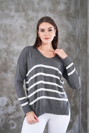 Kadın V Yaka Cizgili yanı yırtmaclı önu kısa arkası uzun triko Kazak -Gri