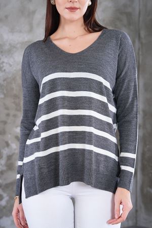 Kadın V Yaka Cizgili yanı yırtmaclı önu kısa arkası uzun triko Kazak -Gri