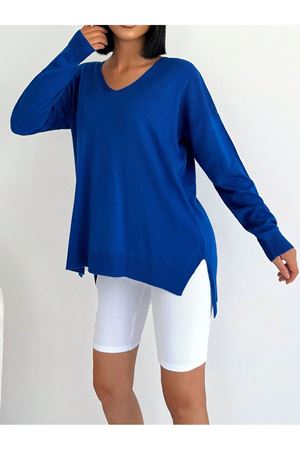 Kadın V Yaka  yanı yırtmaclı Kazak - mavi