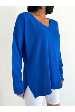 Kadın V Yaka  yanı yırtmaclı Kazak - mavi