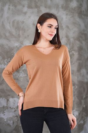 Kadın V Yaka  yanı yırtmaclı önu kısa arkası uzun triko Kazak - Vizon