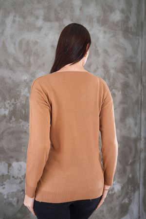 Kadın V Yaka  yanı yırtmaclı önu kısa arkası uzun triko Kazak - Vizon