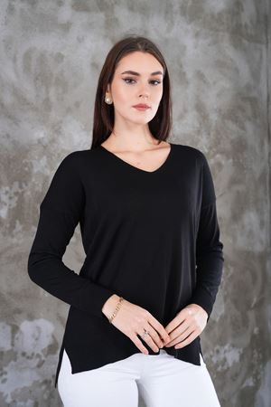 Kadın V Yaka  yanı yırtmaclı önu kısa arkası uzun triko Kazak - Siyah