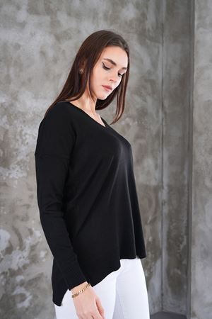 Kadın V Yaka  yanı yırtmaclı önu kısa arkası uzun triko Kazak - Siyah