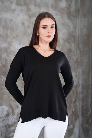 Kadın V Yaka  yanı yırtmaclı önu kısa arkası uzun triko Kazak - Siyah