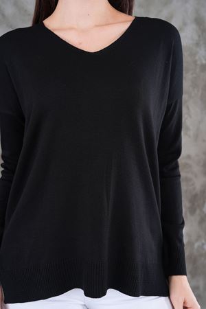 Kadın V Yaka  yanı yırtmaclı önu kısa arkası uzun triko Kazak - Siyah