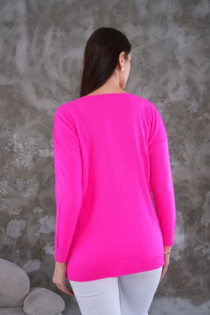 Kadın V Yaka  yanı yırtmaclı önu kısa arkası uzun triko Kazak - Fuşya