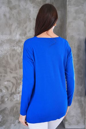 Kadın V Yaka  yanı yırtmaclı önu kısa arkası uzun triko Kazak - Mavi