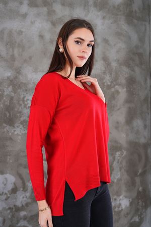 Kadın V Yaka  yanı yırtmaclı önu kısa arkası uzun triko Kazak - Kırmızı