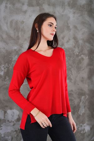 Kadın V Yaka  yanı yırtmaclı önu kısa arkası uzun triko Kazak - Kırmızı