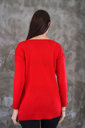 Kadın V Yaka  yanı yırtmaclı önu kısa arkası uzun triko Kazak - Kırmızı