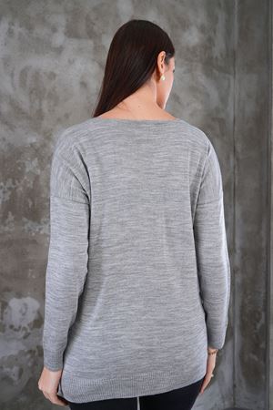 Kadın V Yaka  yanı yırtmaclı önu kısa arkası uzun triko Kazak - Gri