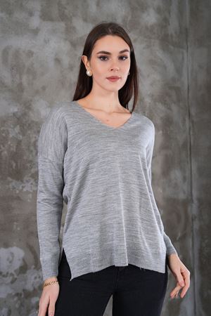 Kadın V Yaka  yanı yırtmaclı önu kısa arkası uzun triko Kazak - Gri