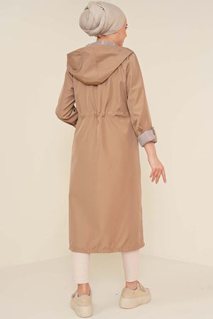 Tesettür Beli Lastik Büzgülü Trençkot - Vizon