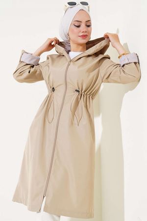 Tesettür Beli Lastik Büzgülü Trençkot - Bej